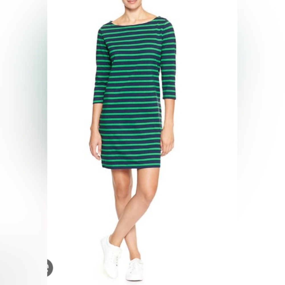 Gap Women's S Dress Navy Blue/Green Striped 3/4 Sleeve Sheath Casual Nautical
